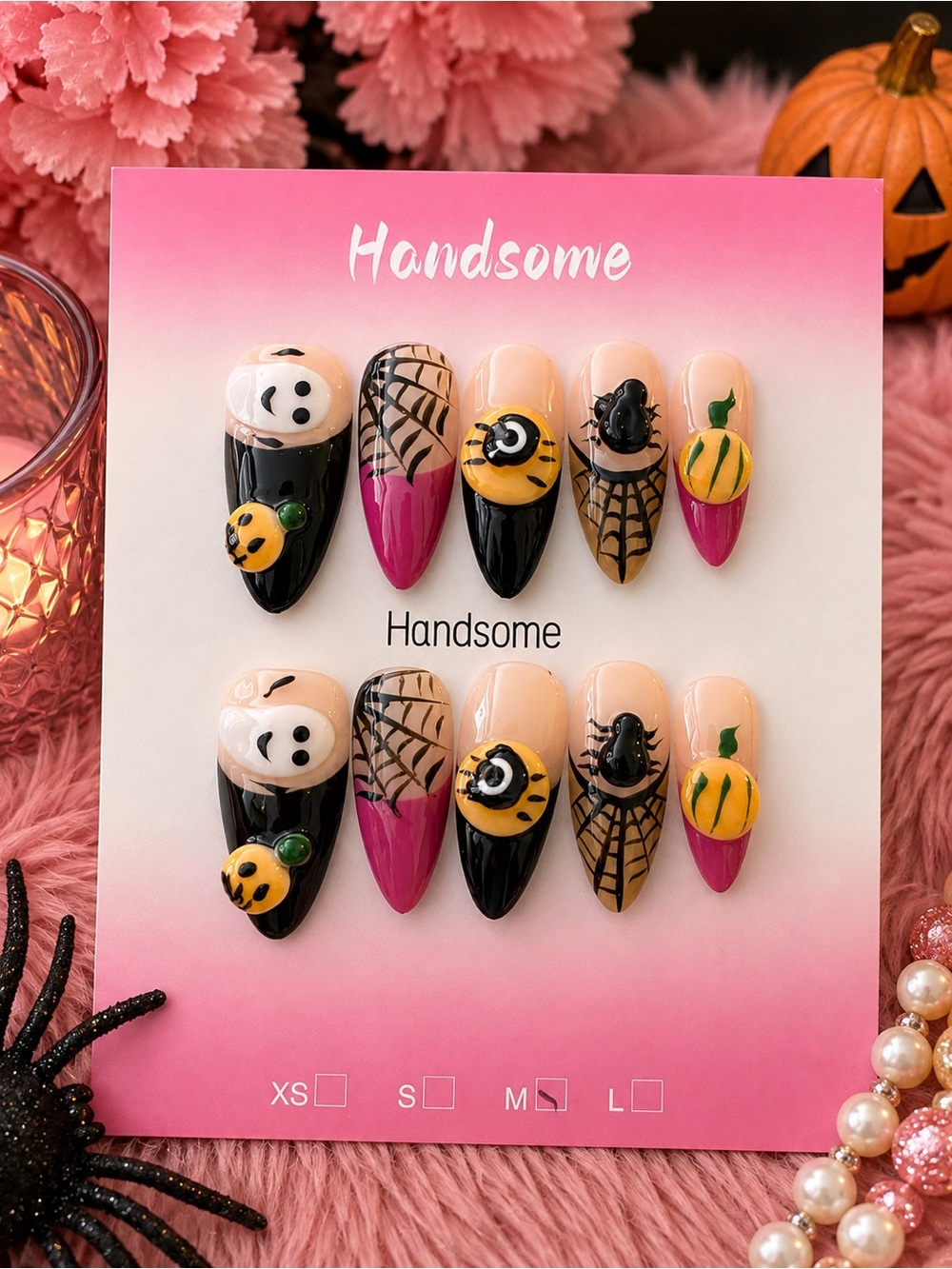 🎃👻 Pink & Black Halloween 3D Press-On Nails